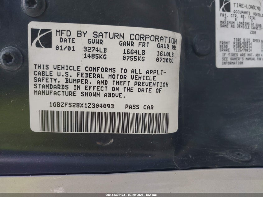 2001 Saturn Sl VIN: 1G8ZF528X1Z304093 Lot: 43308134