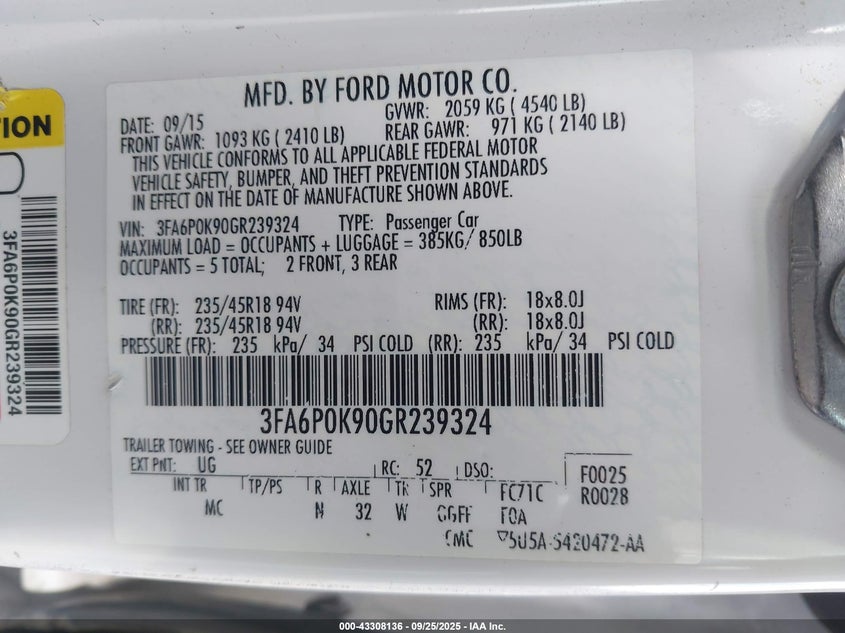 2016 FORD FUSION TITANIUM 3FA6P0K90GR239324