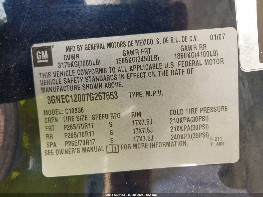 2007 Chevrolet Avalanche C1500 VIN: 3GNEC12007G267653 Lot: 43308144
