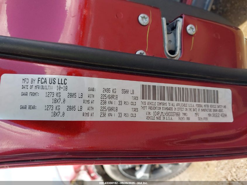 2019 Jeep Cherokee Altitude 4X4 VIN: 1C4PJMLN5KD337060 Lot: 43308152