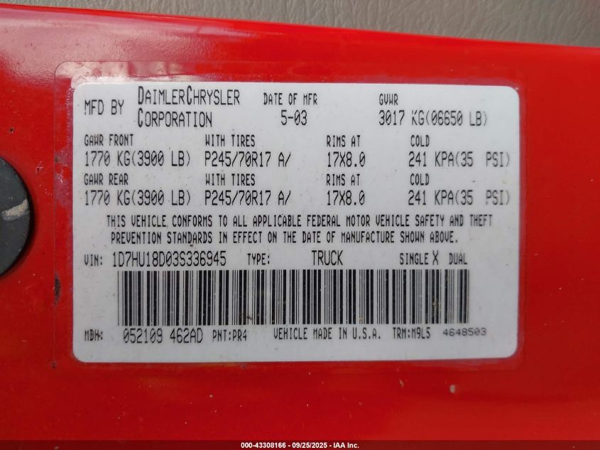 2003 Dodge Ram 1500 Slt/Laramie/St VIN: 1D7HU18D03S336945 Lot: 43308166