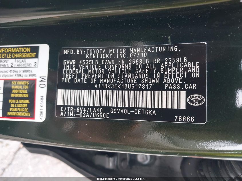 2011 Toyota Camry Xle V6 VIN: 4T1BK3EK1BU617817 Lot: 43308171