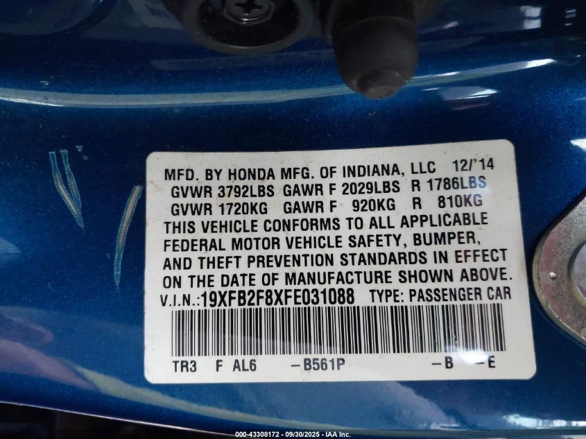 2015 Honda Civic Ex VIN: 19XFB2F8XFE031088 Lot: 43308172