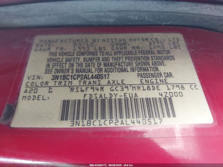 2010 Nissan Versa 1.8S VIN: 3N1BC1CP2AL440517 Lot: 43308173