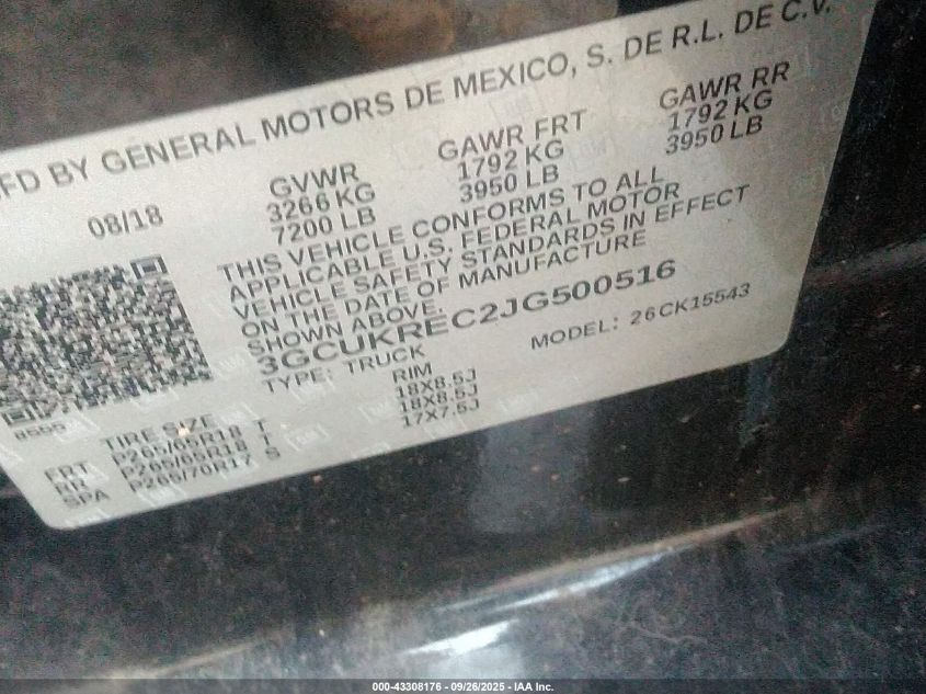 2018 Chevrolet Silverado 1500 1Lt VIN: 3GCUKREC2JG500516 Lot: 43308176