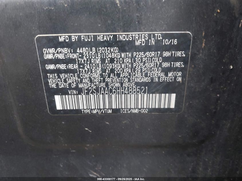 2017 Subaru Forester 2.5I VIN: JF2SJAAC6HH488521 Lot: 43308177