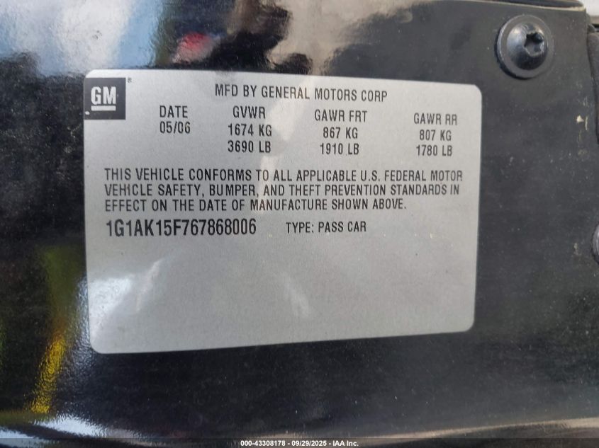 2006 Chevrolet Cobalt Ls VIN: 1G1AK15F767868006 Lot: 43308178