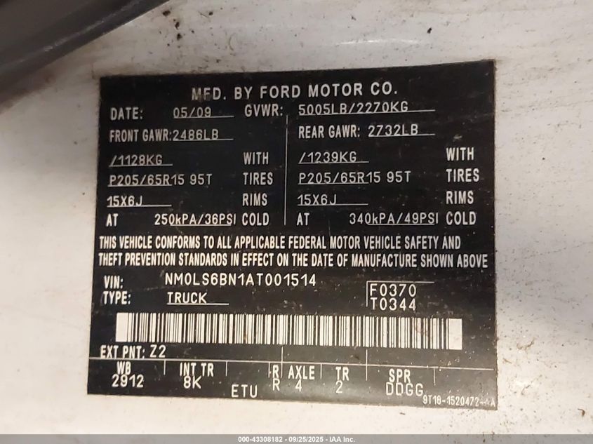 2010 Ford Transit Connect Xlt VIN: NM0LS6BN1AT001514 Lot: 43308182