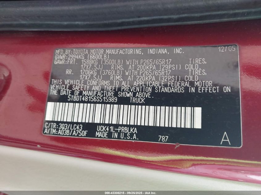 2006 Toyota Tundra Limited V8 VIN: 5TBDT48156S515989 Lot: 43308215