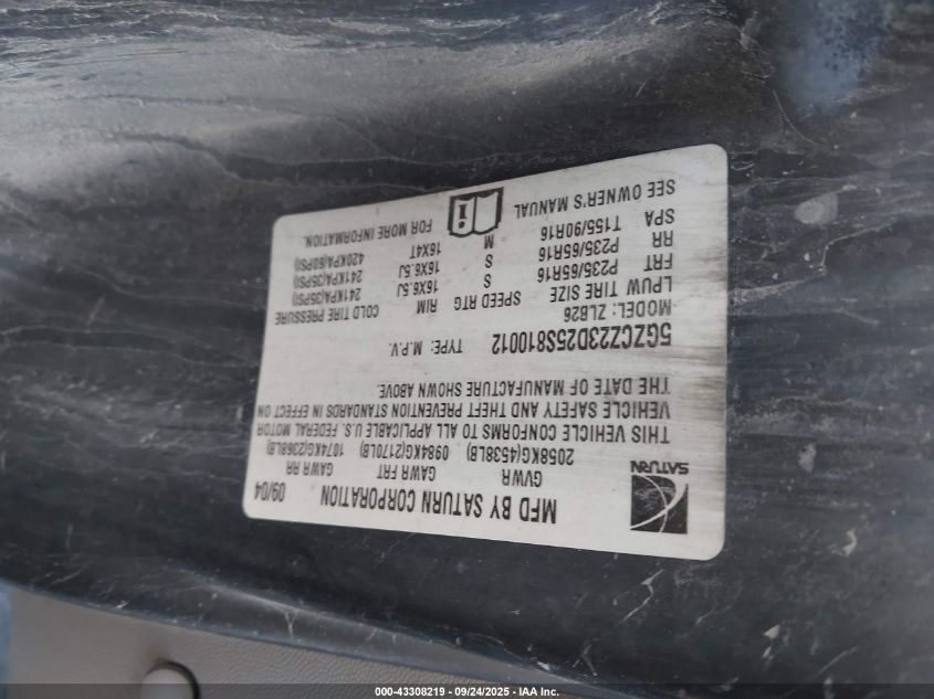 2005 Saturn Vue 4 Cyl VIN: 5GZCZ23D25S810012 Lot: 43308219