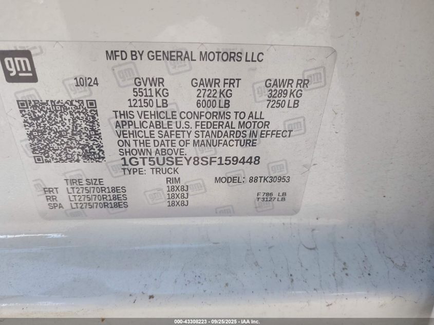 2025 GMC Sierra 3500Hd 4Wd Long Bed Pro VIN: 1GT5USEY8SF159448 Lot: 43308223