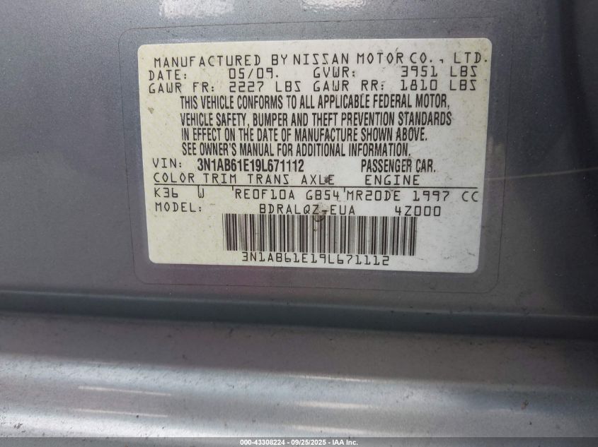 2009 Nissan Sentra 2.0 VIN: 3N1AB61E19L671112 Lot: 43308224