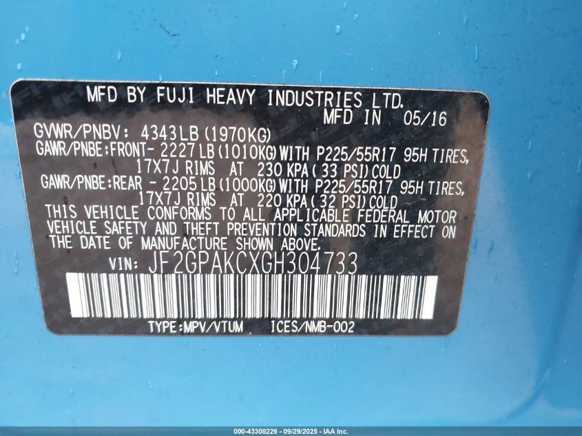 2016 Subaru Crosstrek 2.0I Limited VIN: JF2GPAKCXGH304733 Lot: 43308226