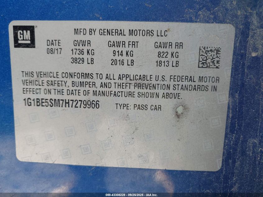 2017 Chevrolet Cruze Lt Auto VIN: 1G1BE5SM7H7279966 Lot: 43308228