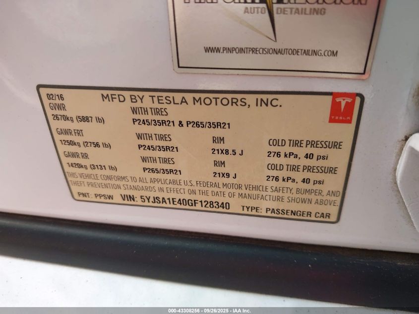 2016 Tesla Model S 90D/P100D/P85D/P90D VIN: 5YJSA1E40GF128340 Lot: 43308256