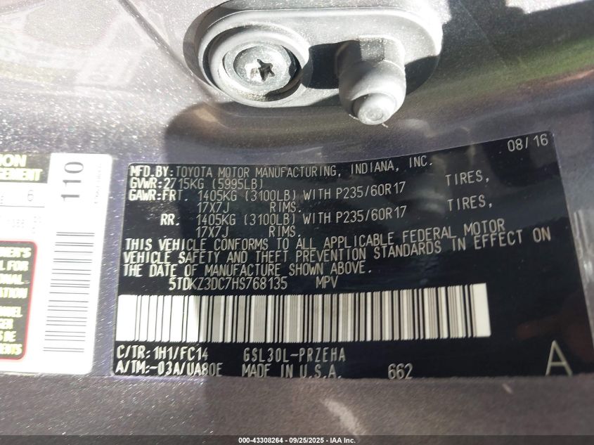 2017 Toyota Sienna Le 8 Passenger VIN: 5TDKZ3DC7HS768135 Lot: 43308264