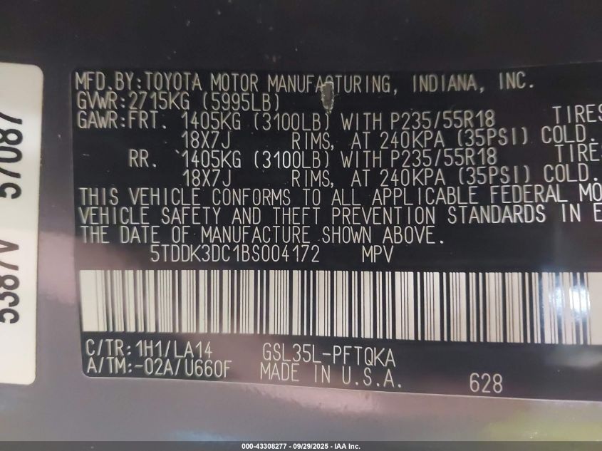 2011 Toyota Sienna Limited VIN: 5TDDK3DC1BS004172 Lot: 43308277