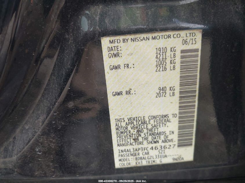 2015 Nissan Altima 2.5/2.5 S/2.5 Sl/2.5 Sv VIN: 1N4AL3AP3FC463627 Lot: 43308278