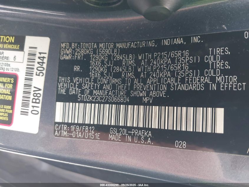 2007 Toyota Sienna Ce VIN: 5TDZK23C27S066804 Lot: 43308299