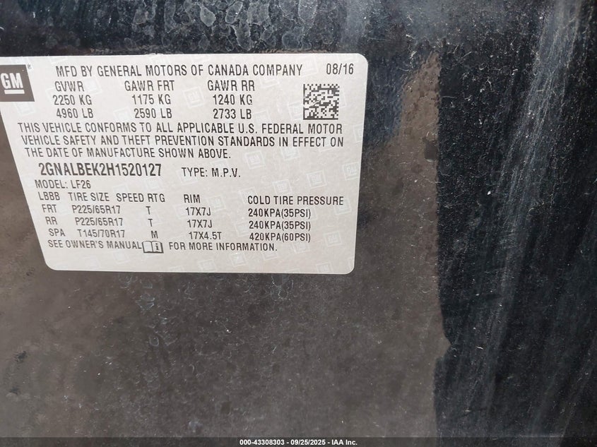 2017 Chevrolet Equinox Ls VIN: 2GNALBEK2H1520127 Lot: 43308303