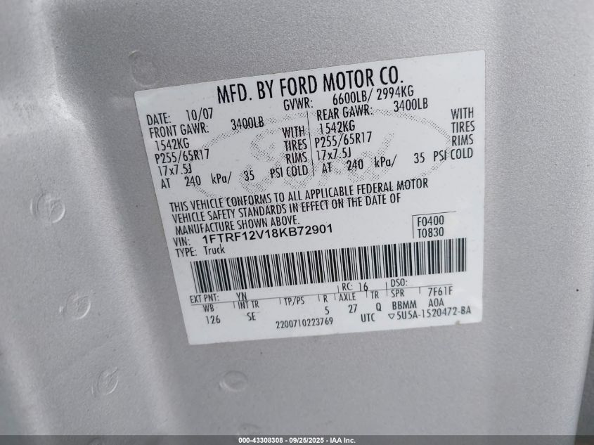 2008 Ford F-150 Fx2/Stx/Xl/Xlt VIN: 1FTRF12V18KB72901 Lot: 43308308