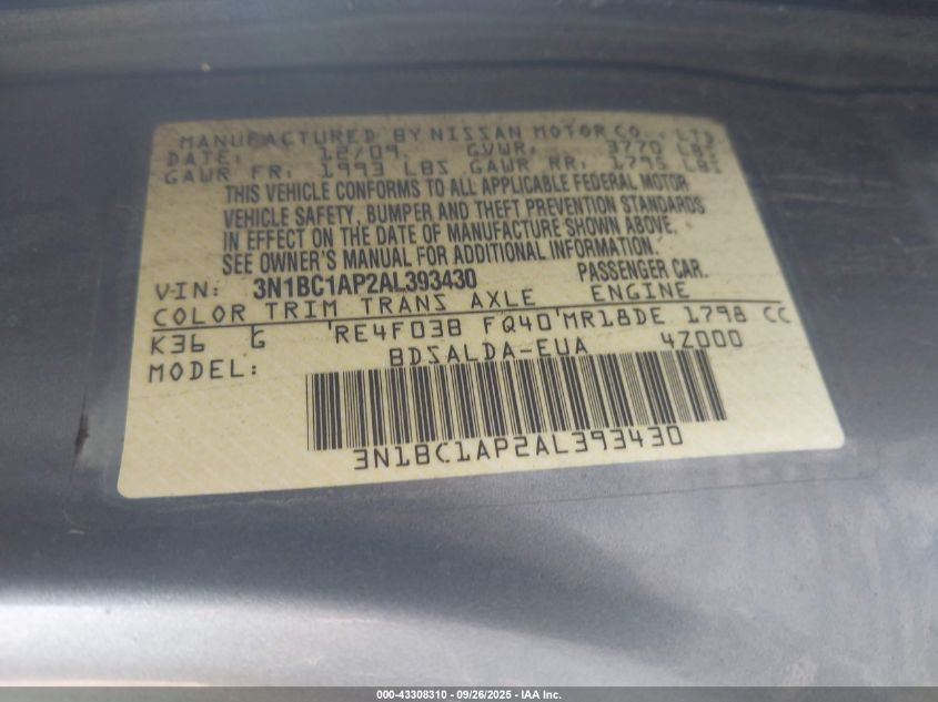 2010 Nissan Versa 1.8S VIN: 3N1BC1AP2AL393430 Lot: 43308310