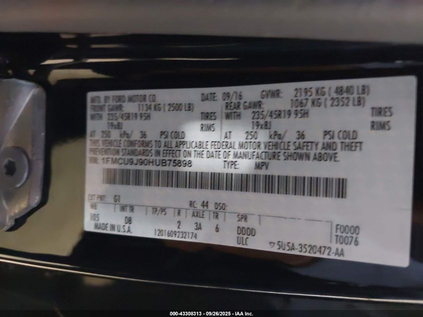 2017 Ford Escape Titanium VIN: 1FMCU9J90HUB75898 Lot: 43308313