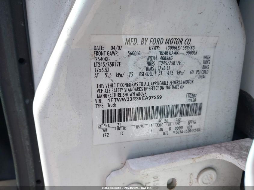 2008 Ford F-350 Fx4/King Ranch/Lariat/Xl/Xlt VIN: 1FTWW33R38EA97259 Lot: 43308318