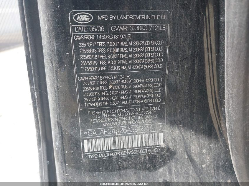 2006 Land Rover Lr3 V6 VIN: SALAE24426A396944 Lot: 43308343