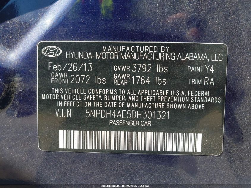 2013 Hyundai Elantra Gls VIN: 5NPDH4AE5DH301321 Lot: 43308345