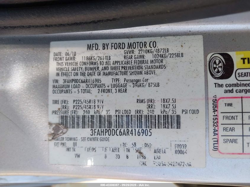 2010 Ford Fusion Sport VIN: 3FAHP0DC6AR416905 Lot: 43308357