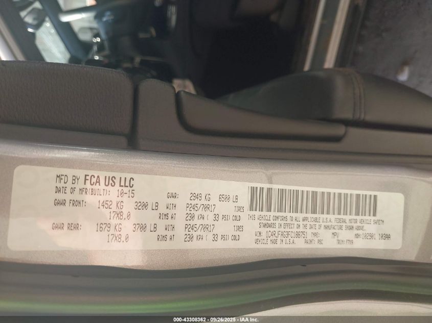 2015 Jeep Grand Cherokee Laredo VIN: 1C4RJFAG3FC188751 Lot: 43308362