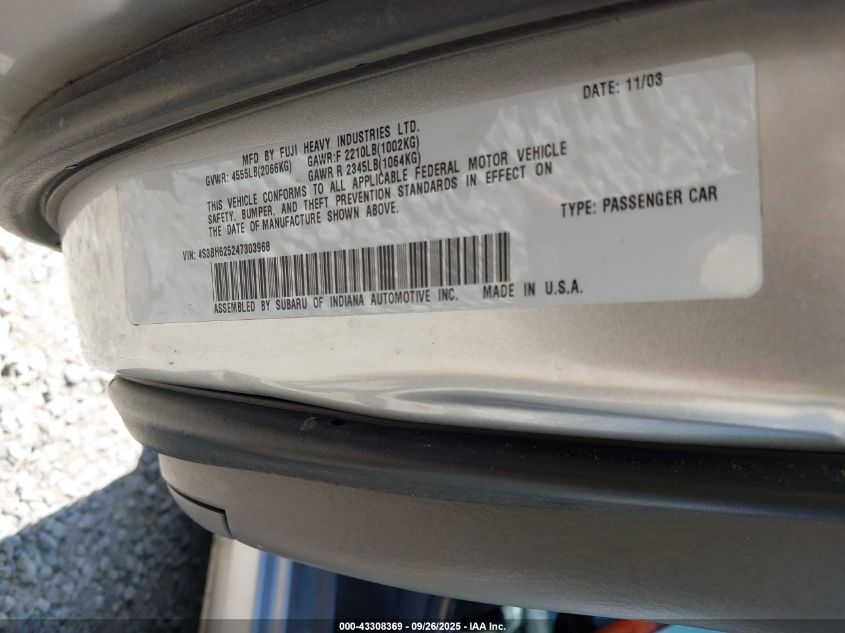 2004 Subaru Legacy L/L W/35Th Anniversary Edition VIN: 4S3BH625247303968 Lot: 43308369
