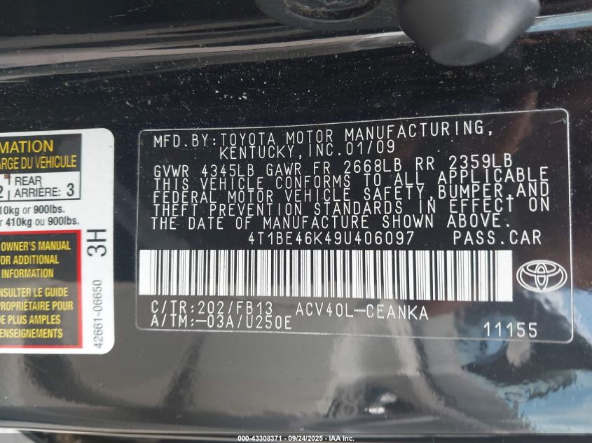 2009 Toyota Camry Le VIN: 4T1BE46K49U406097 Lot: 43308371