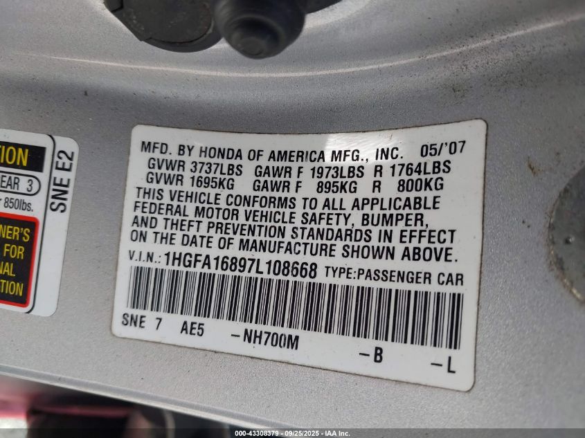 2007 Honda Civic Ex VIN: 1HGFA16897L108668 Lot: 43308379