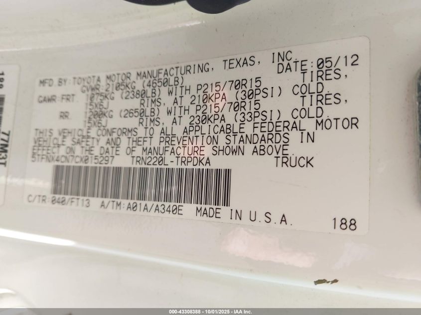 2012 Toyota Tacoma VIN: 5TFNX4CN7CX015297 Lot: 43308388