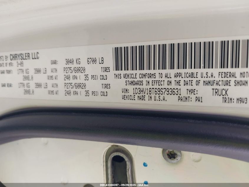 2009 Dodge Ram 1500 Slt/Sport/Trx VIN: 1D3HV18T69S793631 Lot: 43308397