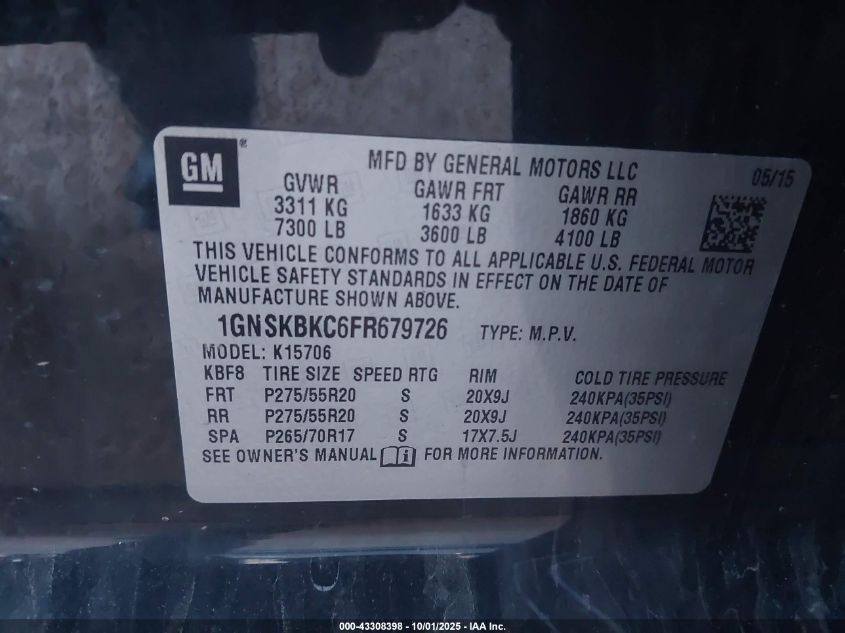 2015 Chevrolet Tahoe Lt VIN: 1GNSKBKC6FR679726 Lot: 43308398