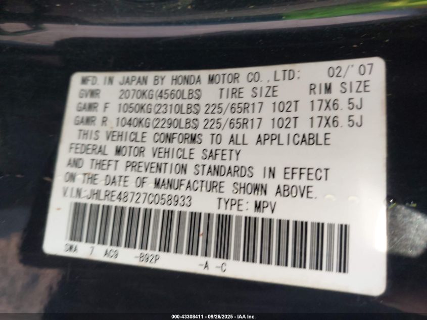 2007 Honda Cr-V Ex-L VIN: JHLRE48727C058933 Lot: 43308411