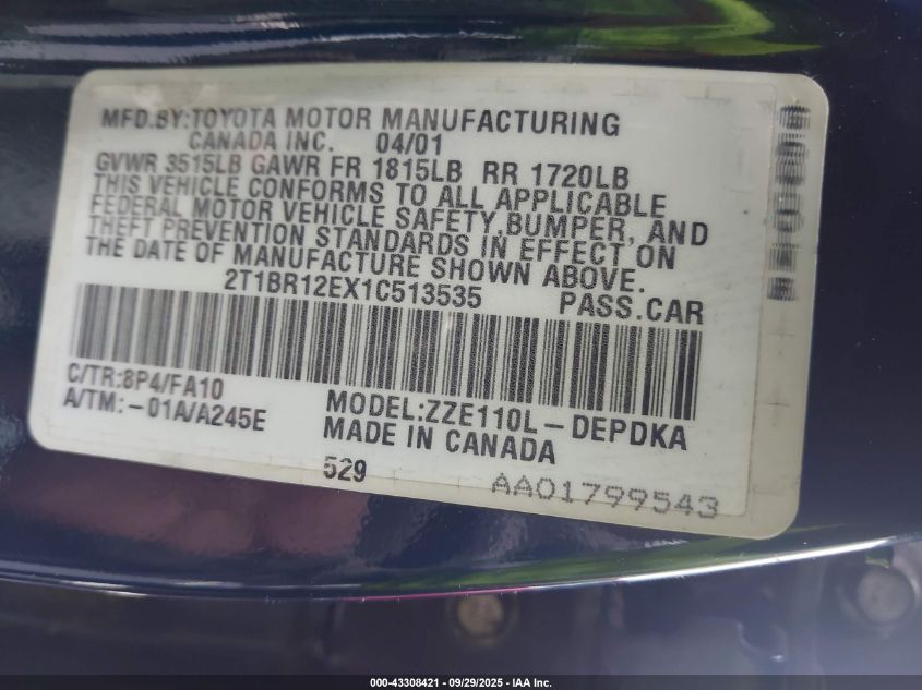 2001 Toyota Corolla Le VIN: 2T1BR12EX1C513535 Lot: 43308421