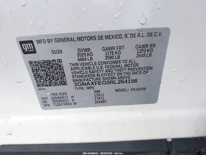 2024 Chevrolet Equinox Fwd 1Fl VIN: 3GNAXFEG0RL264156 Lot: 43308443