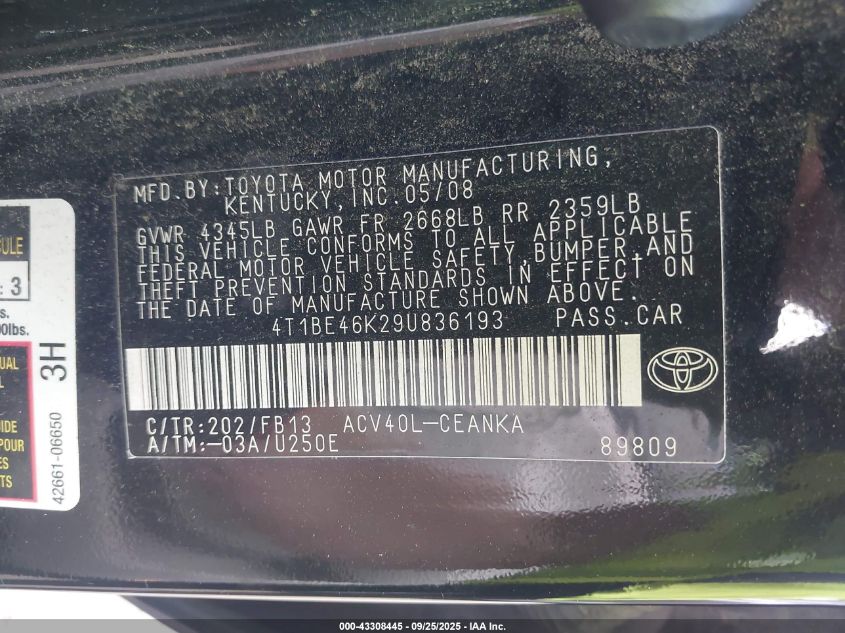 2009 Toyota Camry Le VIN: 4T1BE46K29U836193 Lot: 43308445