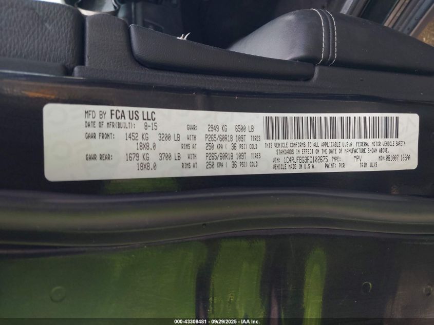 2015 Jeep Grand Cherokee Limited VIN: 1C4RJFBG3FC102675 Lot: 43308481