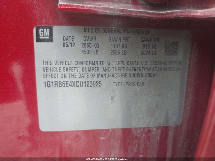 2012 Chevrolet Volt VIN: 1G1RB6E4XCU123925 Lot: 43308482