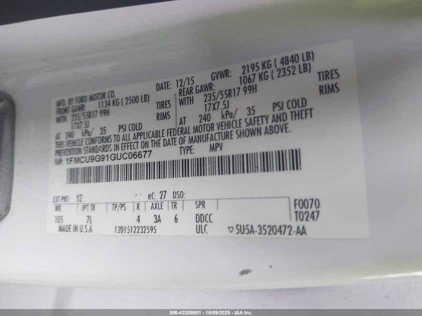 2016 Ford Escape Se VIN: 1FMCU9G91GUC06677 Lot: 43308501