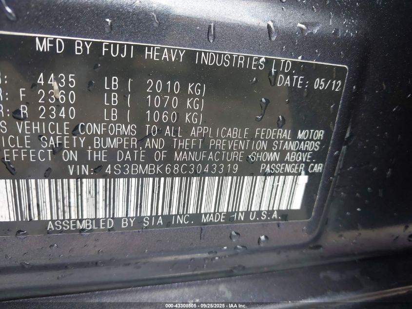 2012 Subaru Legacy 2.5I Limited VIN: 4S3BMBK68C3043319 Lot: 43308505