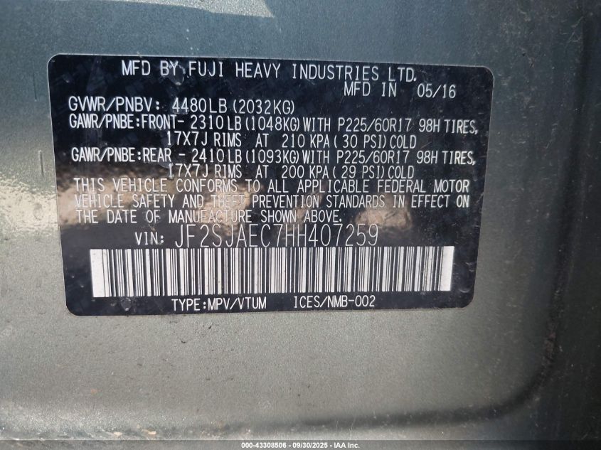 2017 Subaru Forester 2.5I Premium VIN: JF2SJAEC7HH407259 Lot: 43308506