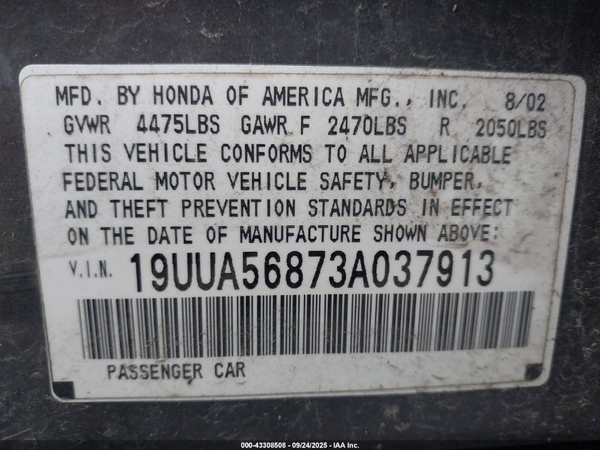 2003 Acura Tl 3.2 Type S VIN: 19UUA56873A037913 Lot: 43308508