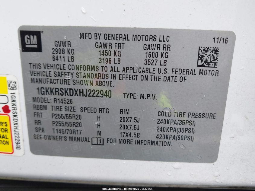 2017 GMC Acadia Limited VIN: 1GKKRSKDXHJ222940 Lot: 43308513