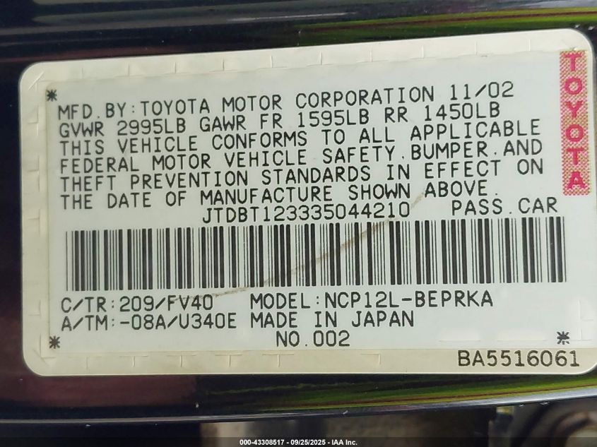 2003 Toyota Echo VIN: JTDBT123335044210 Lot: 43308517